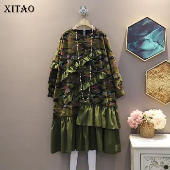 

XITAO Patchwork Print Pattern Draped Dress Women 2020 Autumn Casual Fashion Style Temperament O Neck Full Sleeve Dress ZLL5301