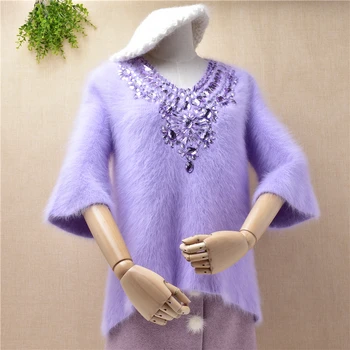 

New women femmn beading sequined korea sweaters vintage falre sleeves mink cashmere knitted Angora rabbit fur Pullover blouses