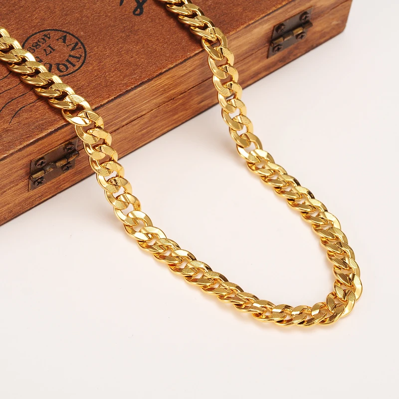 Men Women's 24 K Yellow Solid Gold Bracelet 21CM Necklace Set Classics Fashionable Solid Curb Chain Abrasion