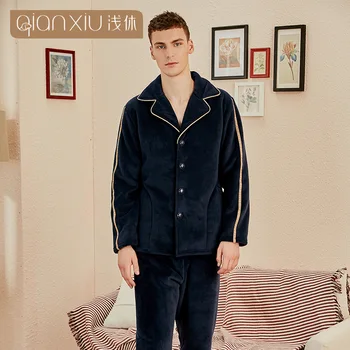 

Winter men pajamas Flannel Pajama Set Coral fleece Thick casual simple man Homewear warm sleepwear male cardigan pijama mujer