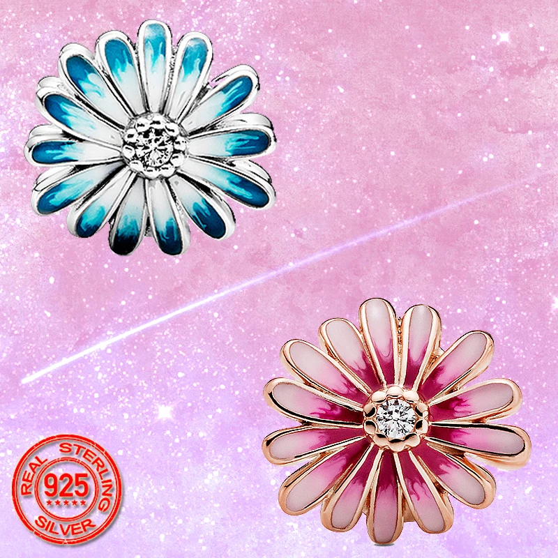 

2020 New Spring 925 Sterling Silver Sparkling Blue Daisy Flower Charm Beads fit Original Pandora Charms Bracelet Jewelry Gift