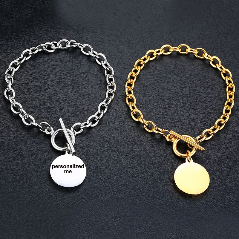 Выгравированный браслет Rolo Link с застежкой для женщин цвета: золотистый, серебристый, нержавеющая сталь, персонализированный круг, Висячие ювелирные изделия