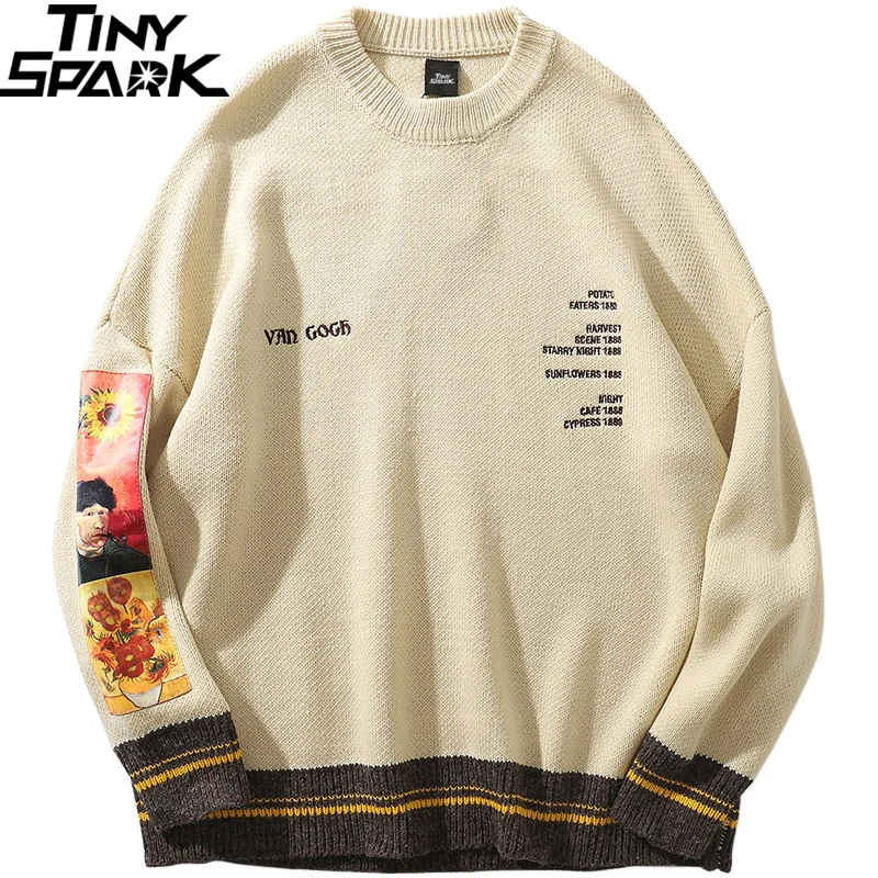 Knitted Sweater Pullover Van Gogh Vintage Men Embroidery Streetwear Retro Cotton Painting