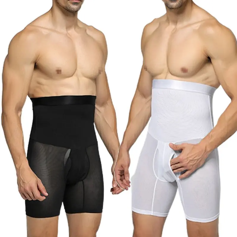 Мужские Корректирующее белье с контролем живота, шорты с высокой талией, с сеткой, против подкручивания, бесшовные трусы-боксеры