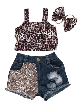 

Fashion Kids Girls Summer Leopard Print Halter Top+Denim Shorts Suit+Head Knot 3PCS Outfit Set 1-5T