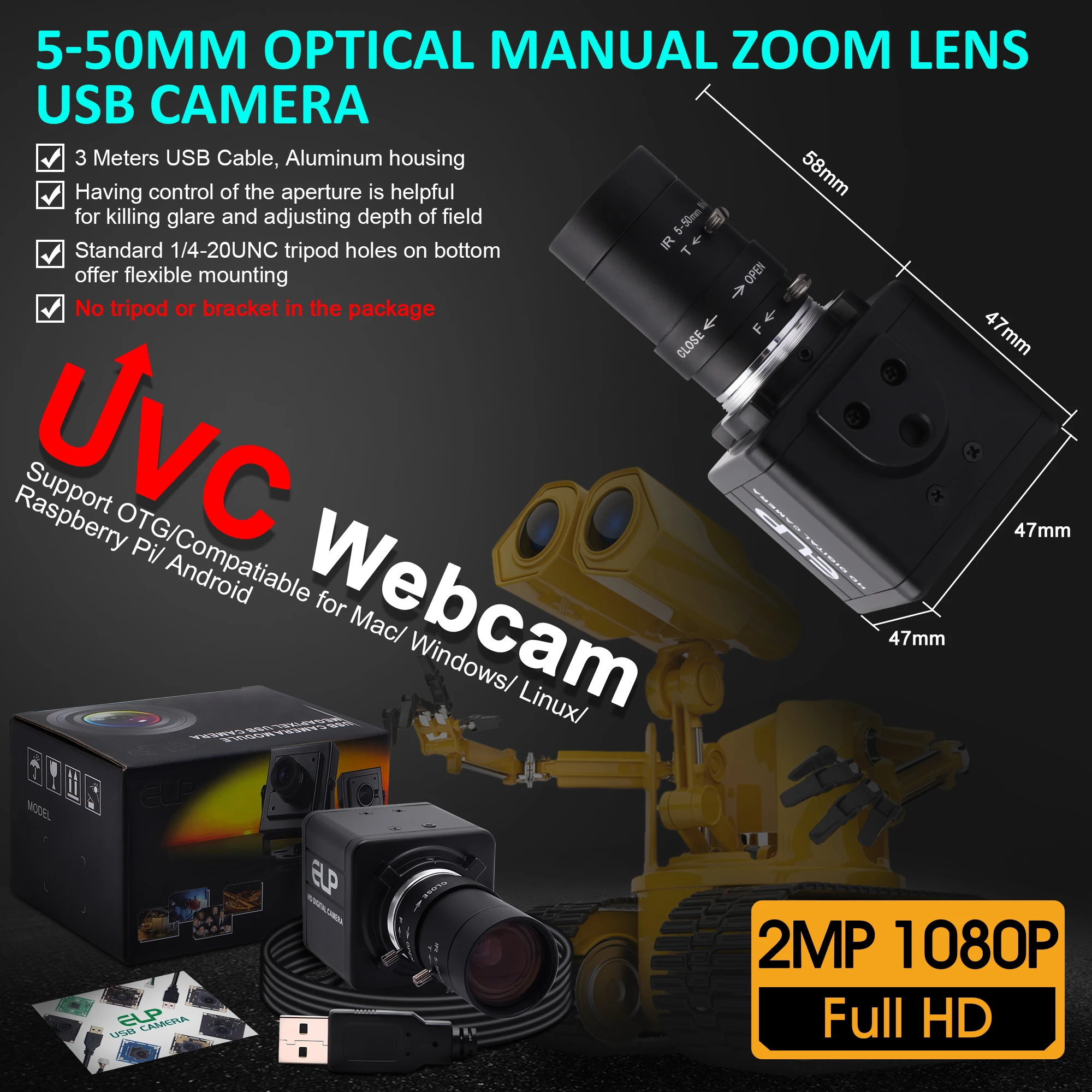 ELP 고속 카메라 260fps 120fps 60fps 1080p 720p 수동 줌 웹캠 OV4689 UVC 플러그 플레이 PC USB 카메라, 모션 비디오용