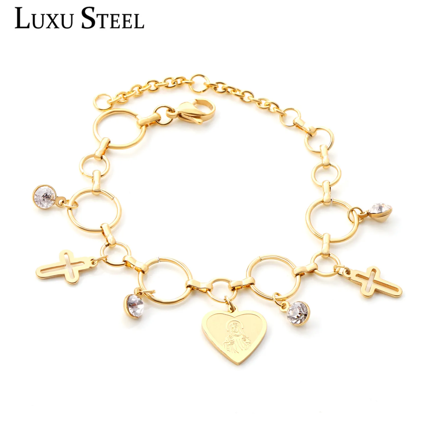 LUXUSTEEL кубинская связь браслет хип хоп круглое сердце кристалл браслеты на
