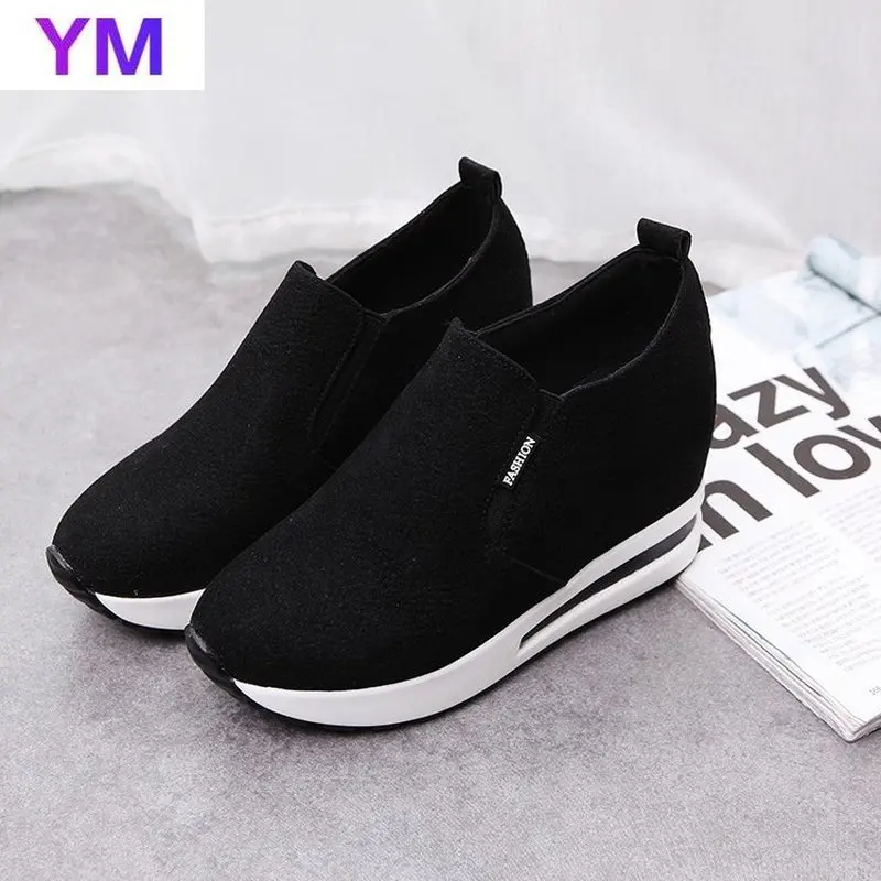 Hot Lady SlipOn Solid Black Flock Wedges Casual Women Sneakers Leisure Platform Shoes Breathable Height Increasing Shoes 2020