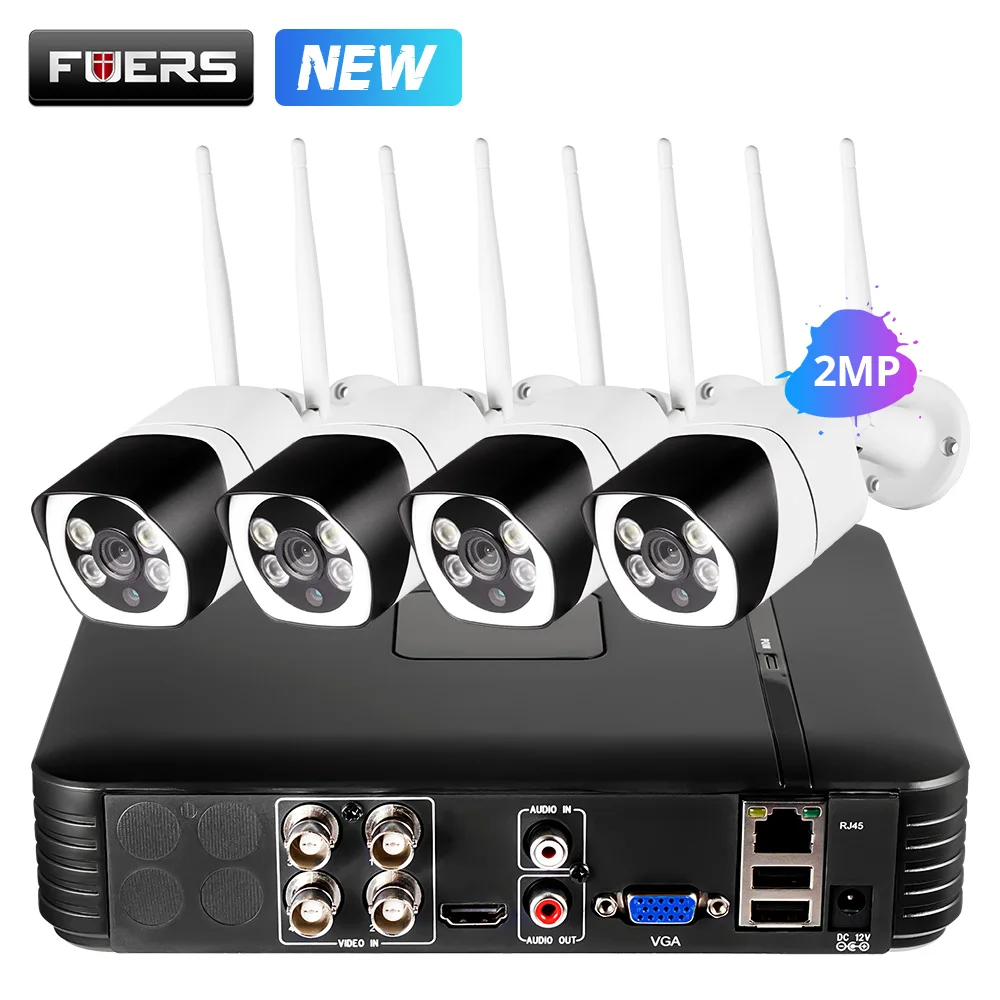FUERS 4CH DVR 5.0MP 2.0MP ip-камера система наблюдения ONVIF беспроводная наружная система видеонаблюдения P2P пуля IR-Cut двойной светильник - Цвет: Черный