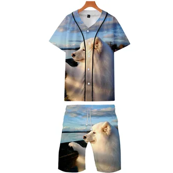

2019 Samoyed two piece set jacket and shorts Kpop Fashion new cool print Samoyed baseball jacket set for women Clothes