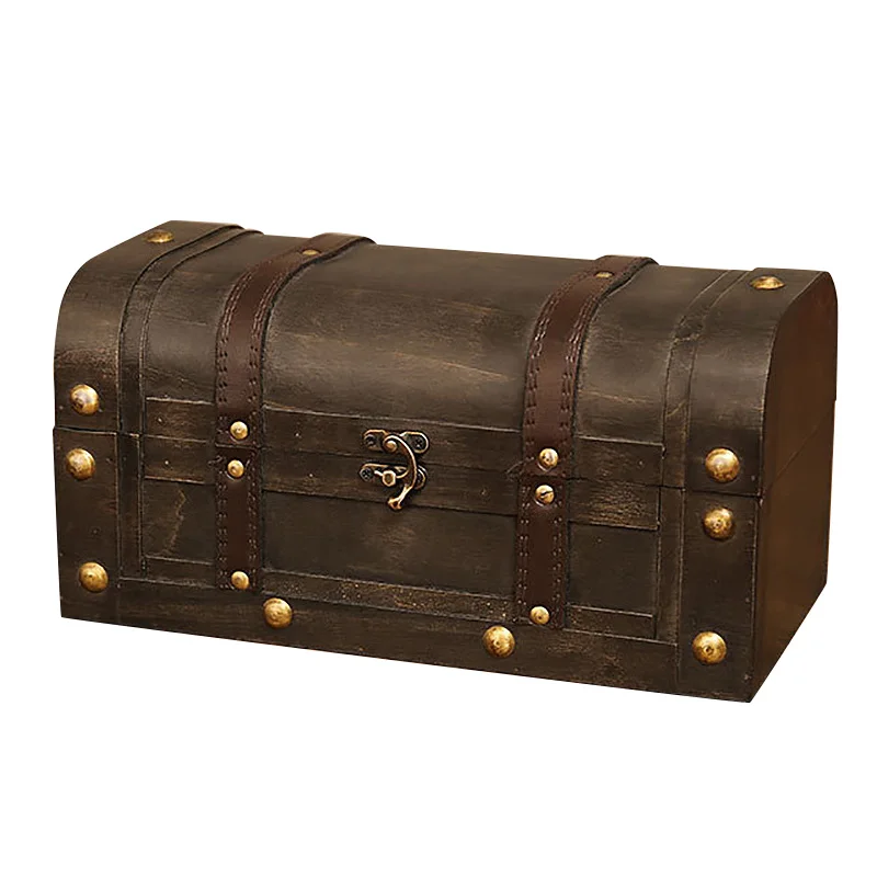 

European Retro Wooden Box Red Leather Vintage Treasure Chest Jewelry Storage Box Photography Props Home Decoration