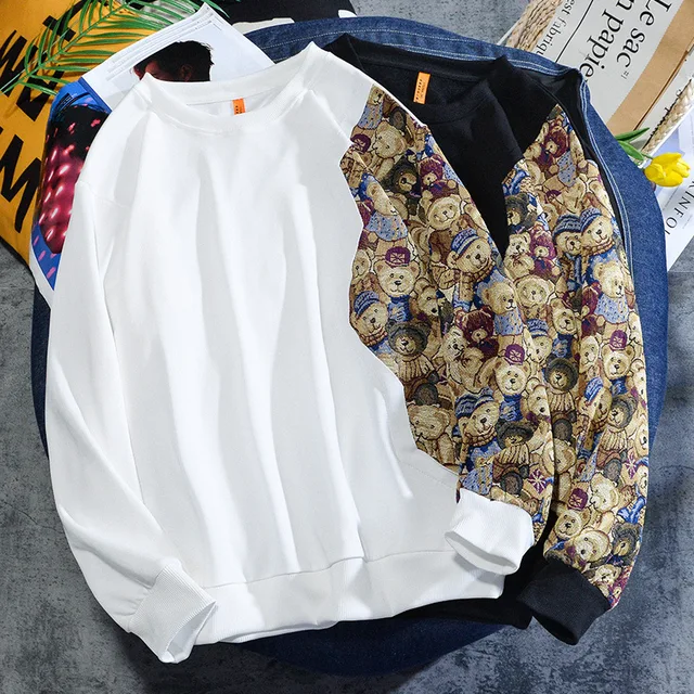 Fall 2021new Patchwork Bear Embroidery Long-Sleeved Shirt Loose Men Clothing 3