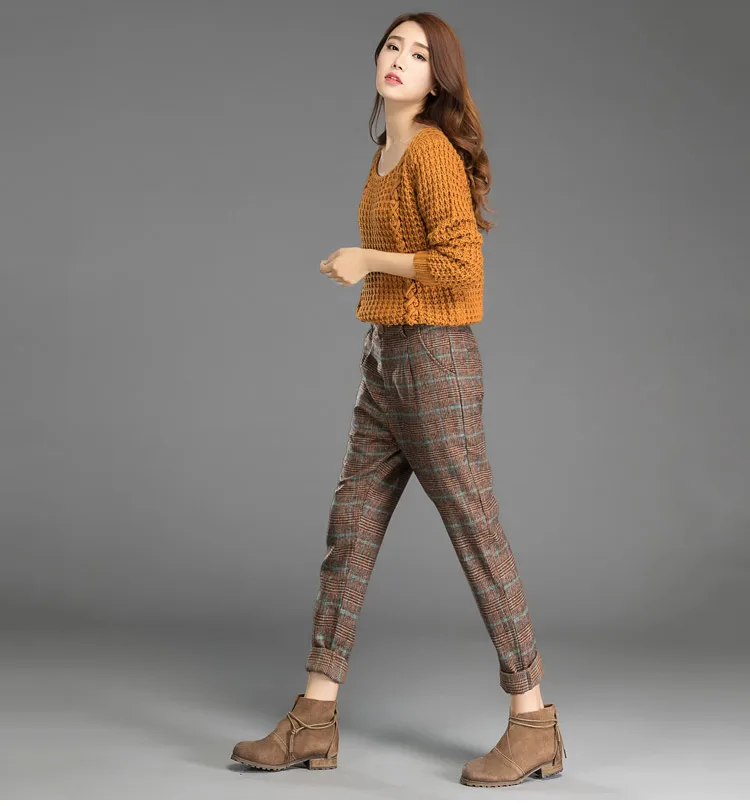 Модные осенне-зимние женские клетчатые шерстяные женские шерстяные брюки, шерстяные повседневные штаны, свободные брюки, женские клетчатые брюки