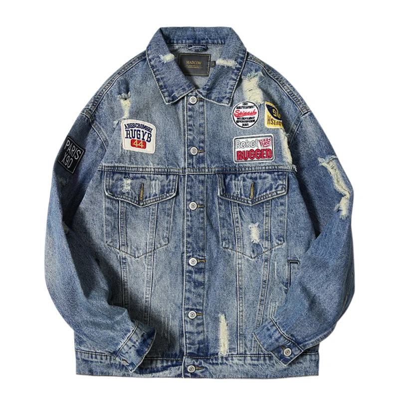 

Fashion Streetwear Men Jackets Retro Blue Patches Designer Ripped Denim Jacket Men Cotton Coats Newly Hip Hop Chaqueta Hombre