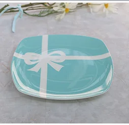 Square plate 8 inch Синяя белая ленточная кружка, свадебная Подарочная кружка, керамическая чашка для кофе с молоком, светло-голубой фон, белый подарок, пояс, тарелки, вечерние стаканы - Цвет: Square plate 8 inch