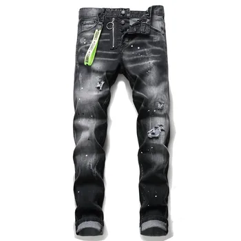 

European American Style Fashion Brand jeans pants Men slim jeans patchwork letter Moto&Biker jeans pants black hole jeans 1056#