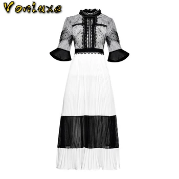 

Vintage Retro Luxury Dresses Women Spring Summer Runway Designer High Quality Lace Pleated Long Party Dress Robe femme Plus Size