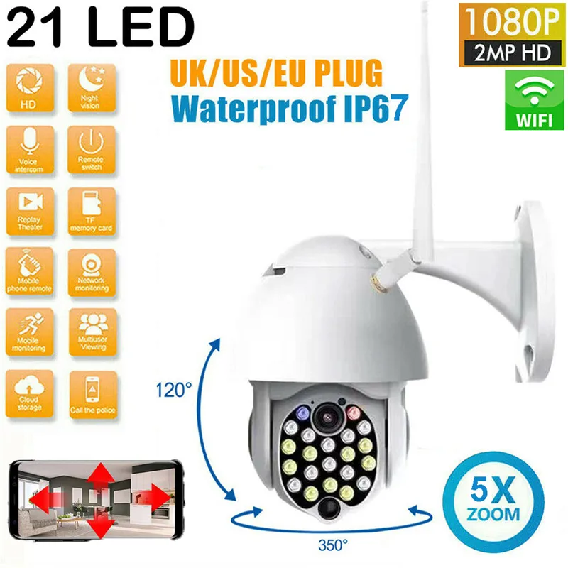 

21LED Wifi IP Camera 1080P 2MP HD Two Way Audio Wireless PTZ Cam Outdoor Waterproof Speed Dome 50m IR Video Home Security Camera