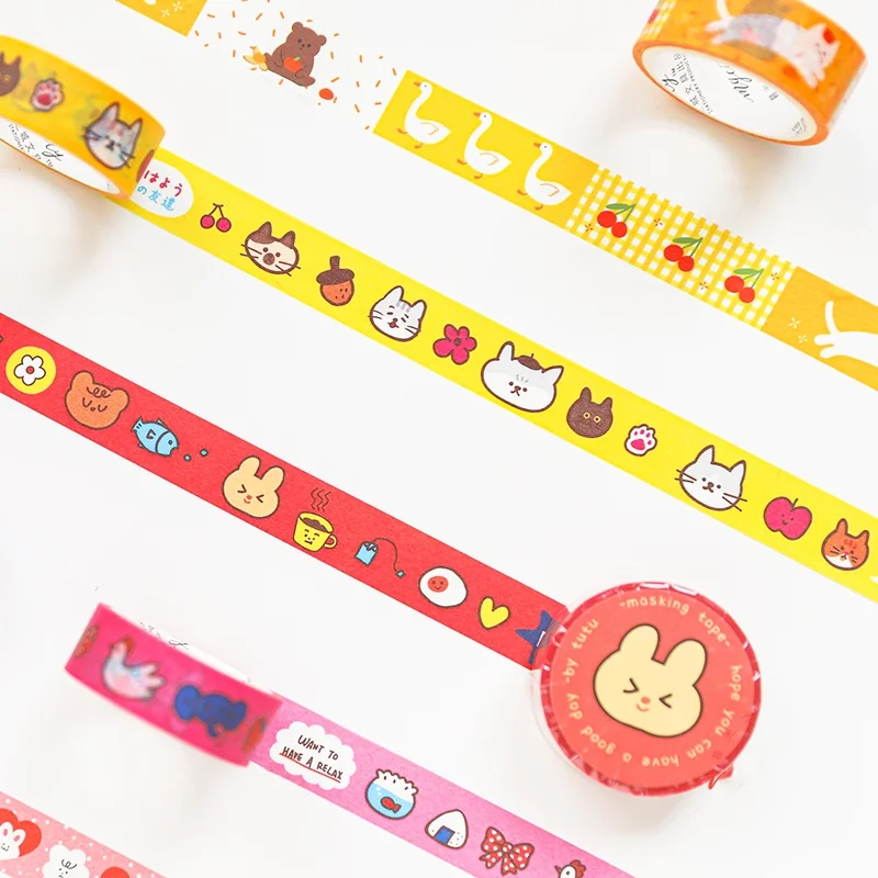 

6pcs Kawaii Series Paper Washi Tape 15mm Aesthetic Cute Bear Cat Rabbit Birds Tree Adhesive Lovely Masking Tapes Stickers H6423