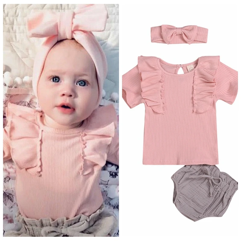 

3PCS Summer Baby Girls Clothes Sets Short Sleeve Newborn T-shirt Tops+Bottom Shorts+Headband 2pcs Infant Suits