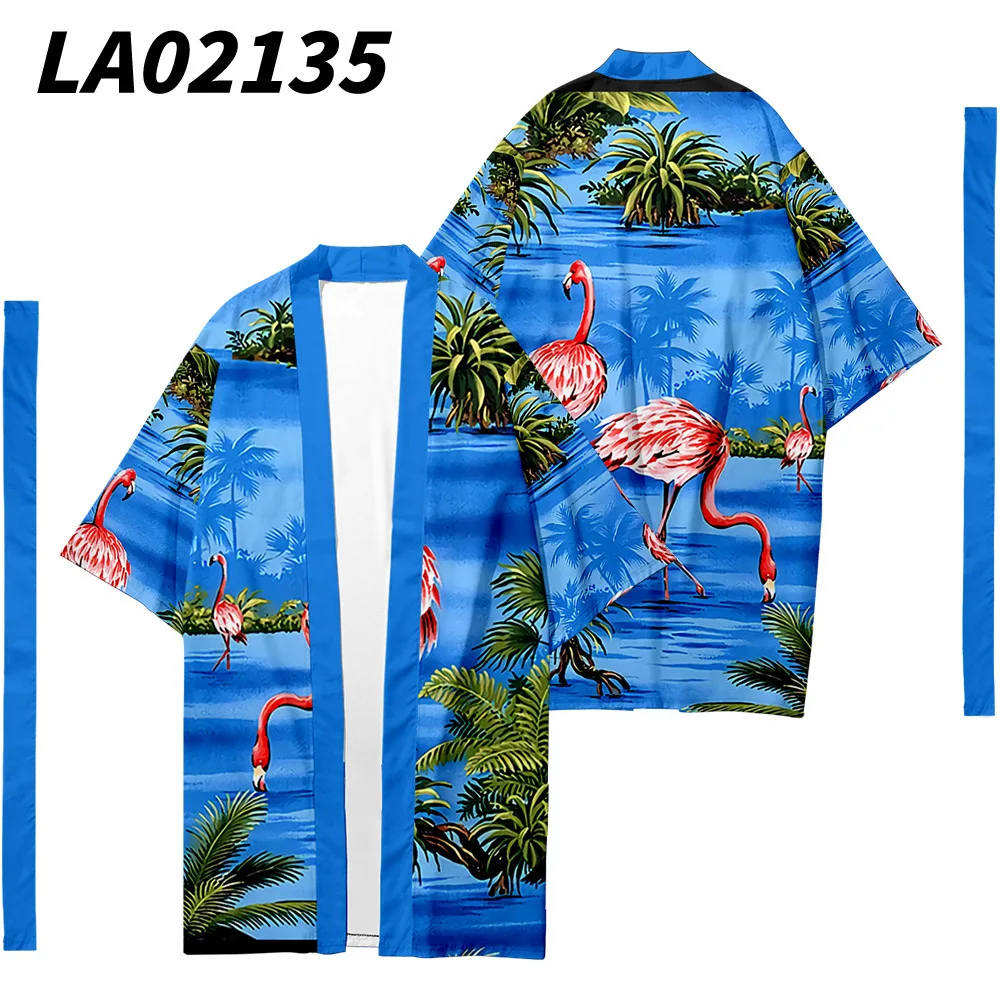 

Flamingo Printed Long Style Kimono Beach Cardigan With Belt Japanese Couple Women Men Casual Asian Clothes Harajuku