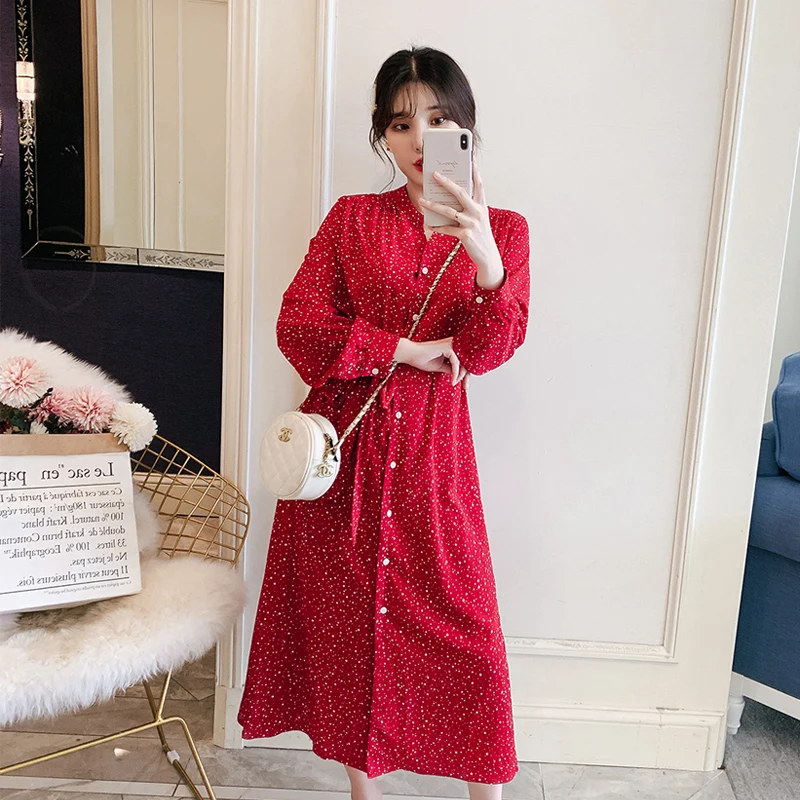 XL-5XL плюс размер женское красное шифоновое платье-рубашка осень корейская мода v-образным вырезом с длинным рукавом Свободные повседневные женские цветочные платья - Цвет: Red