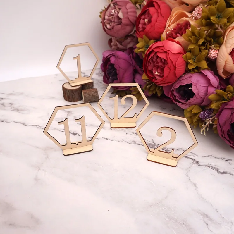 

Number Hexagon Wooden Table Numbers with base Wedding Birthday Party Table Card Baby Shower Decoration Number Holder