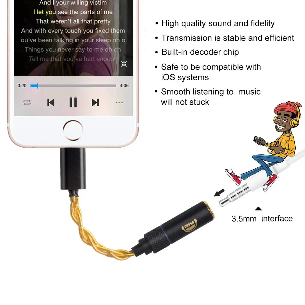 Кабель-адаптер OKCSC для Iphone Lightning Male-3,5 мм Интерфейс Аудио Женский 4 ядра позолоченная Совместимая система IOS