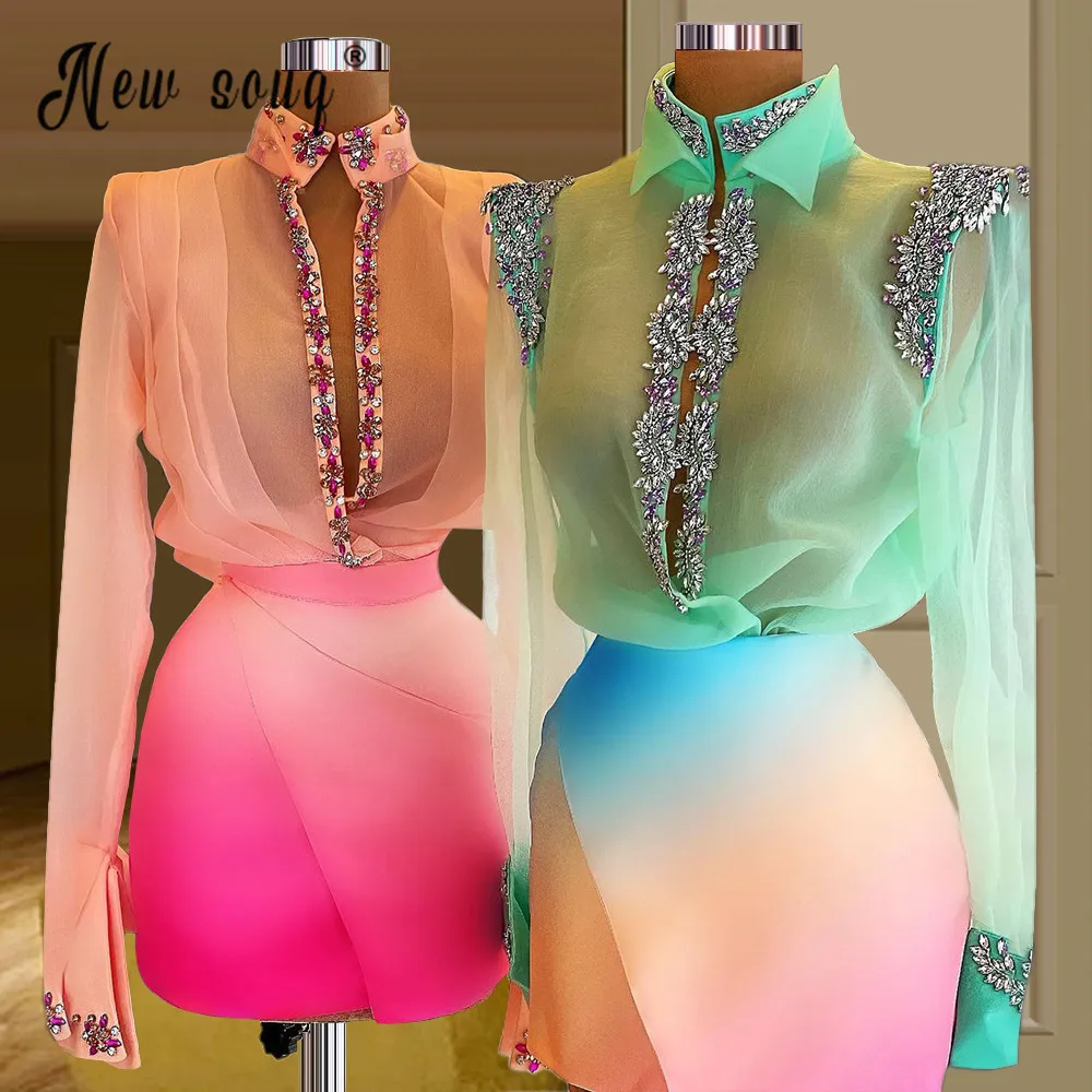 Beading Long Sleeve Tie dye Prom Dress Haute Couture Cocktail Dressws 2 Pieces Celebrity Dresses Formal Prom Gown Real Photos