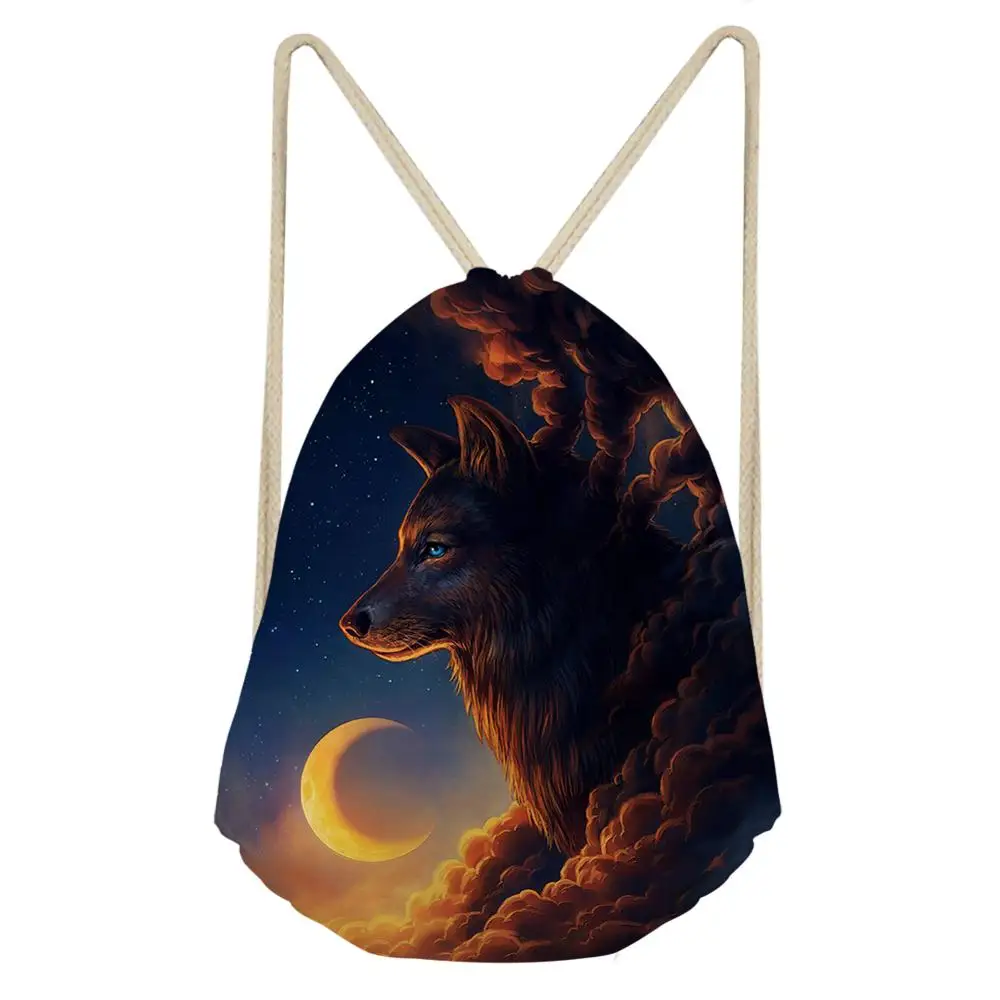HaoYun Women's Travel Drawstring Backpack Fantasy Wolf Animal Pattern Beach Shoes Pockets Fashion Girls Mini Organizer Bags