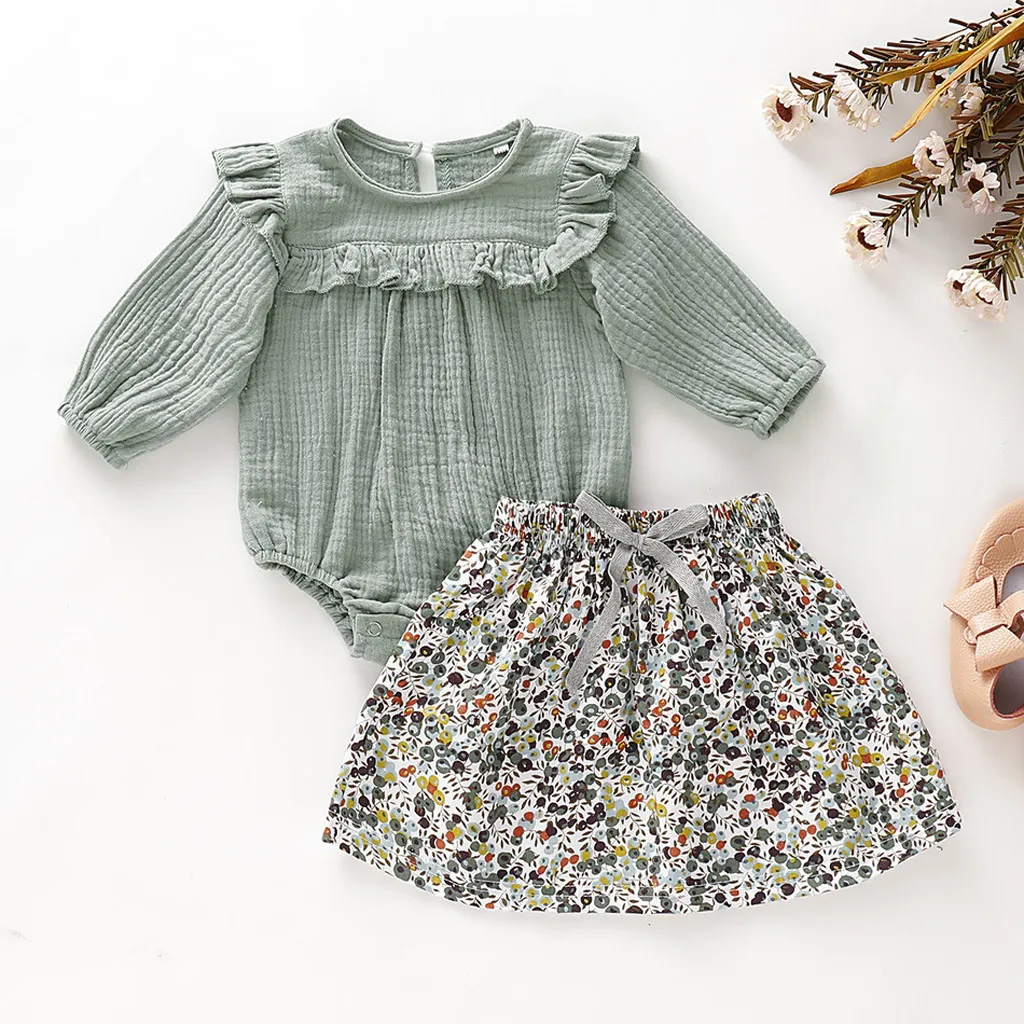 

Toddler Girl Clothes 2020 Newborn Infant Kids Baby Girl Ruffle Print Long Sleeve Romper+Skirt Outfits Set roupa infantil menino