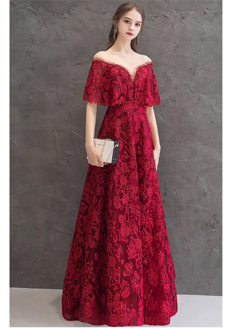 BGW Abendkleider Lang Rot кружевное бордовое вечернее платье с овальным вырезом и шнуровкой на спине с короткими рукавами