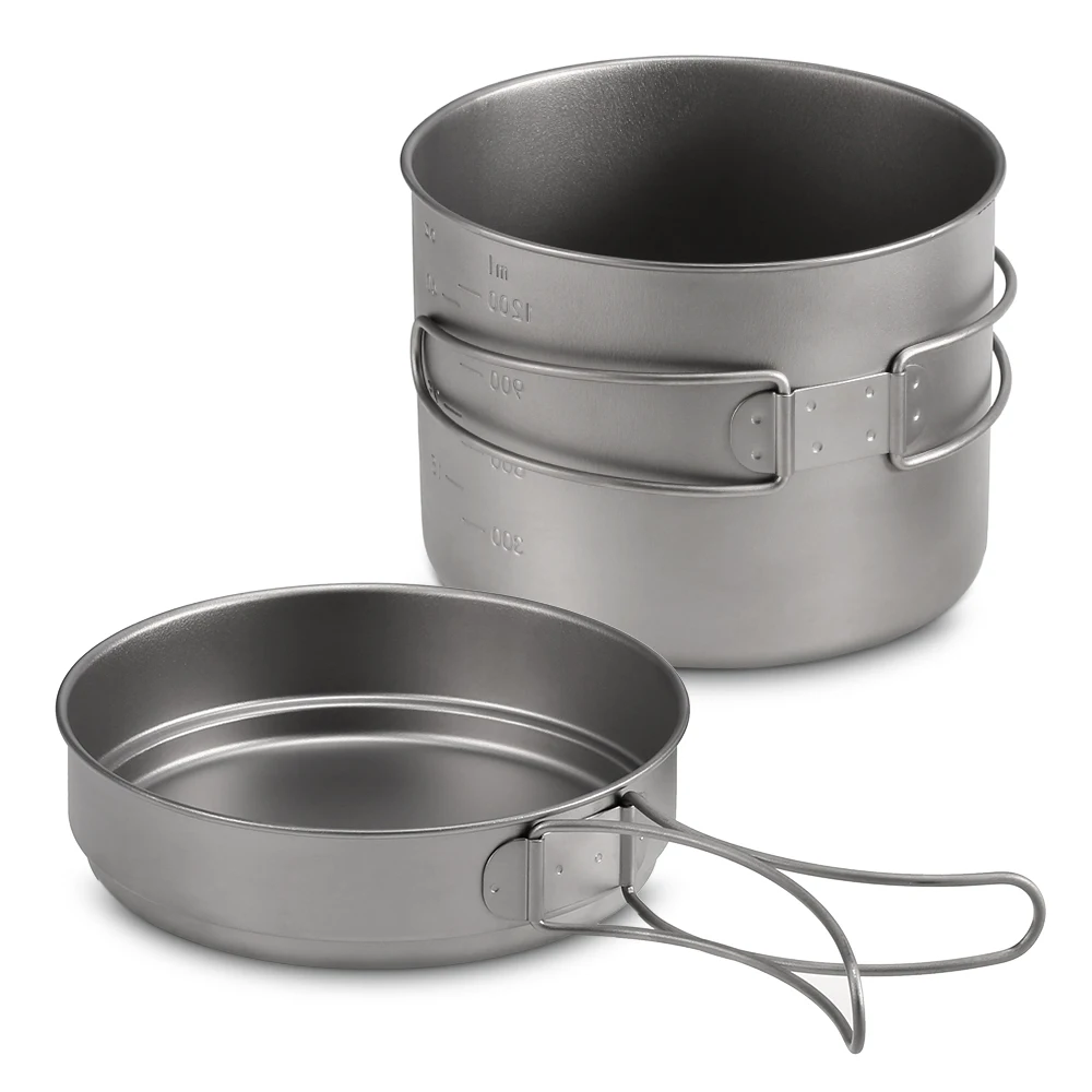

Outdoor 1100ML / 1600 ML Titanium Pot Pan Set Super Lightweight Camping Cookware Set Portable Cooking Tool with Folding Handle