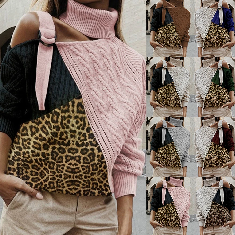 

Leopard sweaters Patchwork Turtleneck Sweater Women Sexy Off Shoulder Color Block Knitted Sweaters Batwing Long Sleeve Pullovers