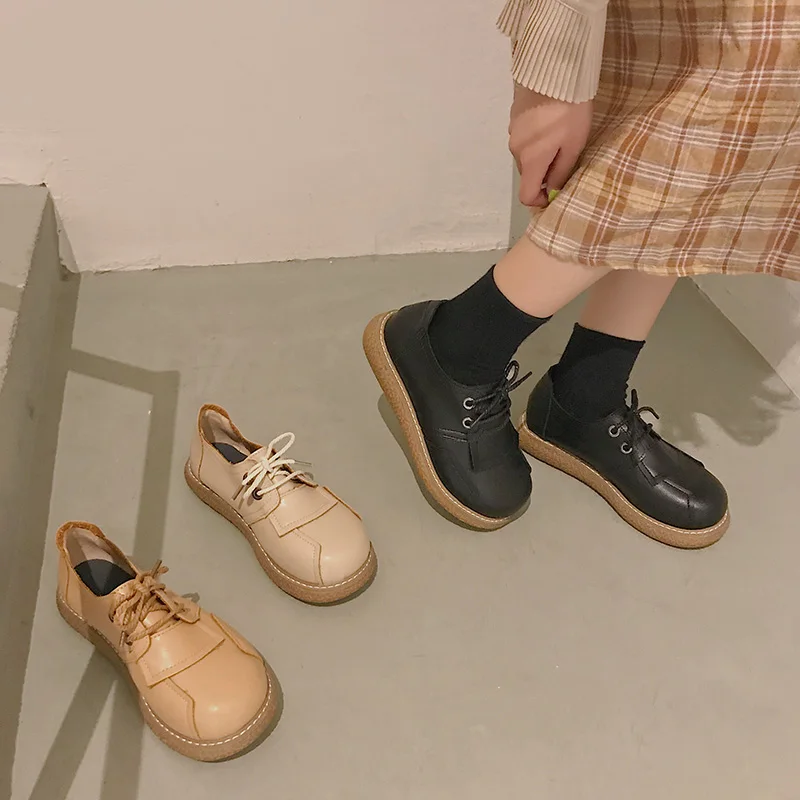 

Round Toe 2019 Fashion Women's Soft All-Match Black Flats British Style Autumn Oxford Female Shoe Modis Preppy Fall Leather