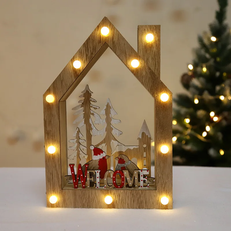 

Christmas Decorations Glowing Small Creative Xmas Snow House Wooden Lighting Cabins Christmas Tree Desktop Ornaments Gifts
