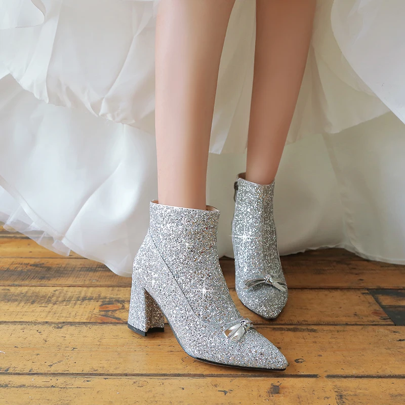 

Fashion Ankle Boots Women Square High Heels Booties Slip On Pointed Toe Spring Autumn Ladies Shoes Silver Wedding women's boots