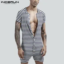 2021 Striped Men Pajamas Playsuit Short Sleeve Button Fitness Homewear Comfortable Shorts Mens Rompers Sleepwear INCERUN S-5XL 7