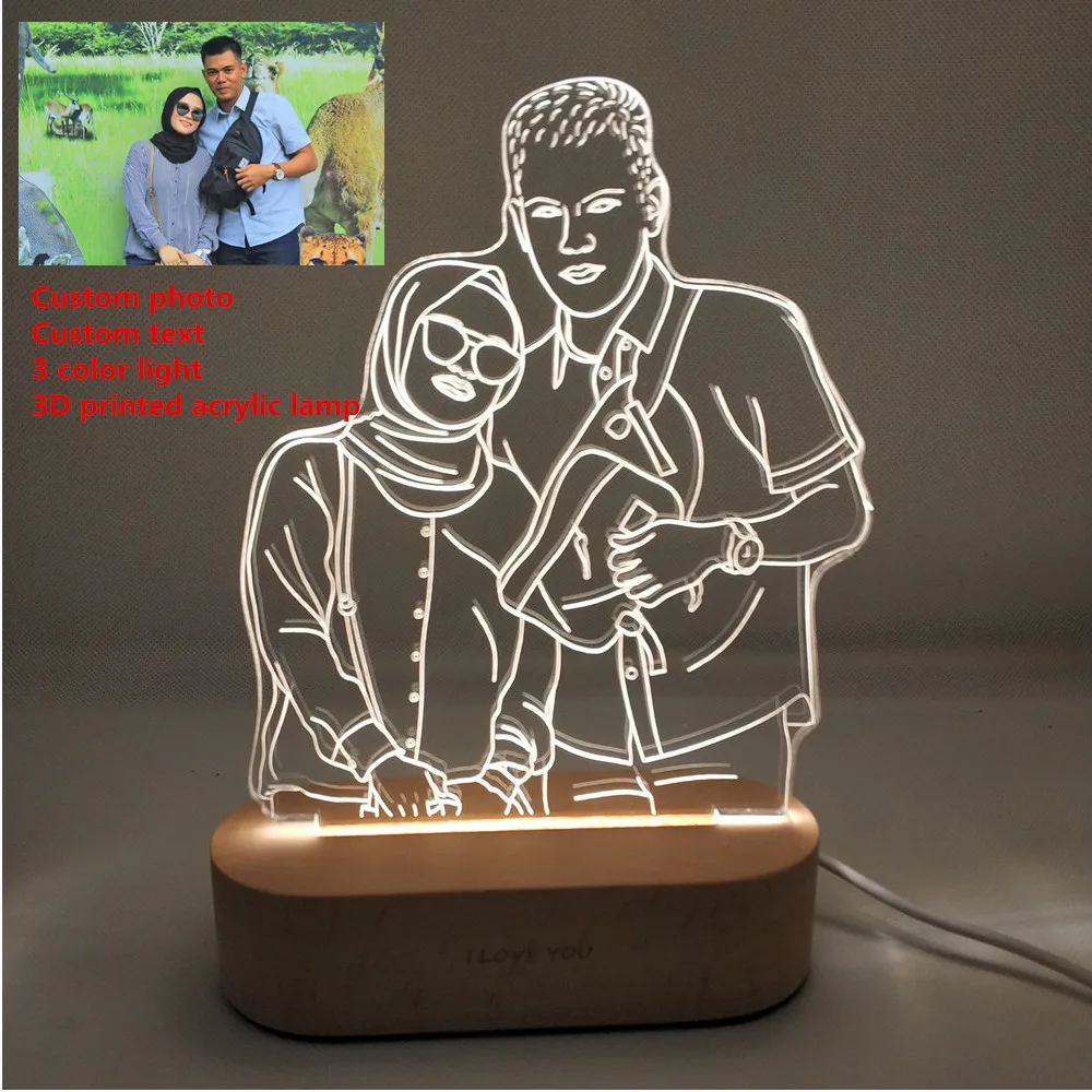  Customized Text Photo 3D Print Night Light Desk Lamp Wooden Base Christmas Valentine's Day Gift USB - 4000115692464