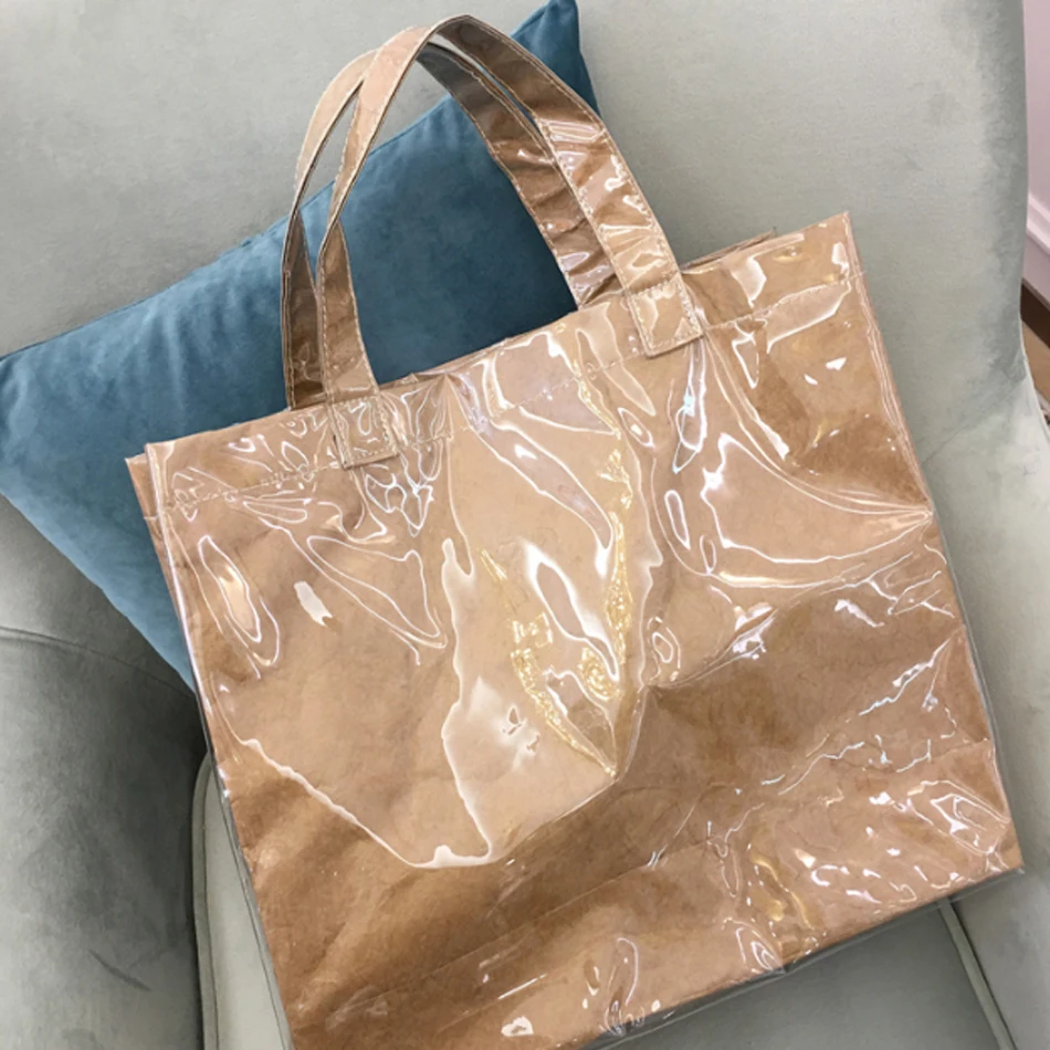 Waterproof PVC Jelly Bag Vintage Kraft Paper Bags Tote Bag Transparent Casual Shopping Bag Summer Beach Bag Big Capacity