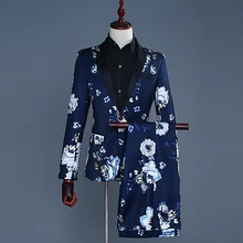 

Blazer And Pants Mens Suit 2 Pieces Fashion Floral Print Dinner Costumes Slim Fit Blue One Button Sets Male 2022 New Year