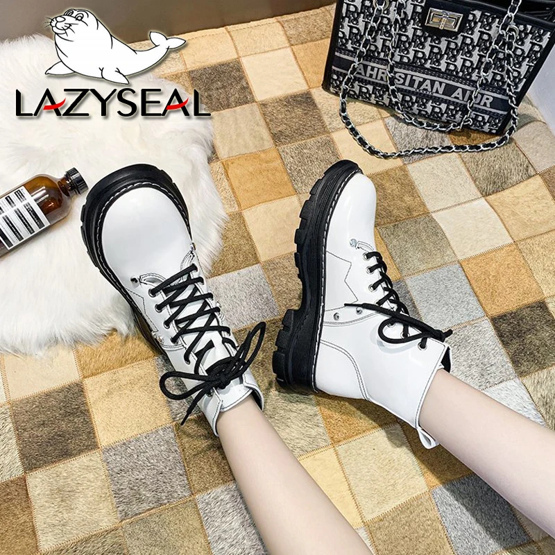 LazySeal-zapatos de suela gruesa para mujer, botines de mujer, calzado con cordones, color blanco