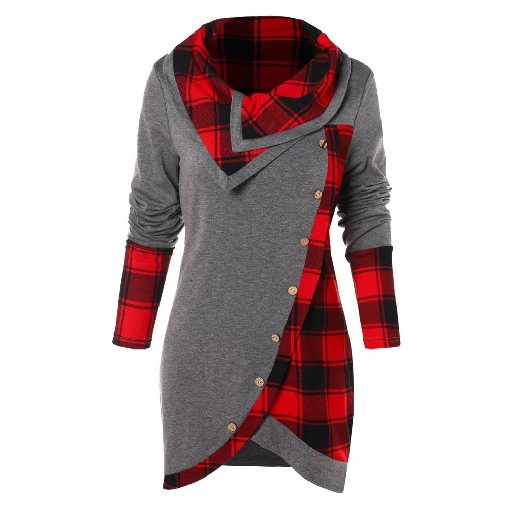 Женская блузка с длинным рукавом, клетчатая водолазка, тартан, туника размера плюс, рубашка, Повседневный Женский пуловер, зимний джемпер оверсайз, блузка#38 - Цвет: Grey