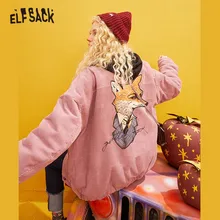 ELFSACK, розовое однотонное вельветовое Женское пальто с набивным рисунком лисы,, зимнее желтое однобортное пальто в Корейском стиле, женская верхняя одежда