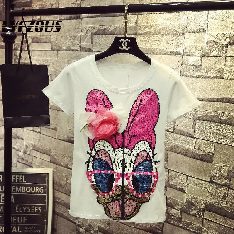 

Chic Woman Cartoon Duck Sequins Beading Loose T-shirt Hiphop Style Short Sleeved Sequined Tshirts Tops Streetwear Plus Size Tees