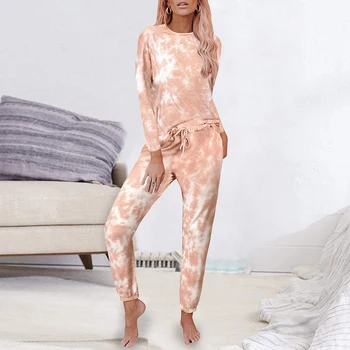 

Womens Tie Dye Printed Long Pajamas Set Long Sleeve Tops And Pants Set Loungewear Nightwear Sleepwear Autumn Plus Size