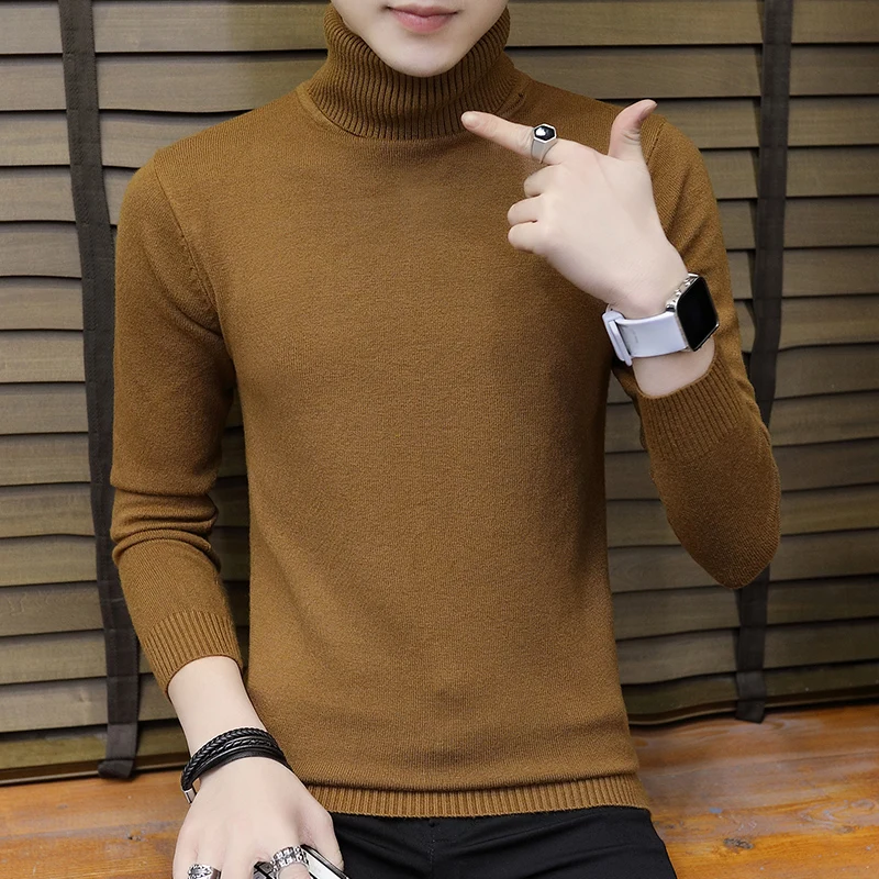 Men Turtleneck Sweater Autumn Winter Solid Color Casual Sweater Men's Slim Fit Knitted Pullovers Bottoming Jumper