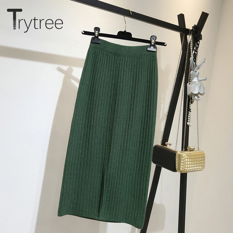 Ttytree осенне-зимняя женская повседневная юбка с высокой талией, вязанная Однотонная юбка, Женская плиссированная Толстая юбка до середины икры с разрезом