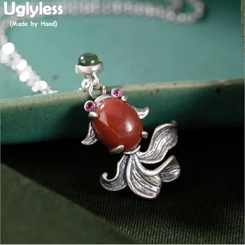 

Uglyless Handmade Thai Silver Goldfish Necklaces for Women Natural Agate Fish Pendants +Chains 925 Silver Animals Jewelry P1028
