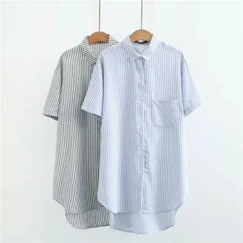

Big Code Women's Wear Loose Slim And Fat Mm Medium Length Money Leisure Stripes Short Sleeve Shirt 003